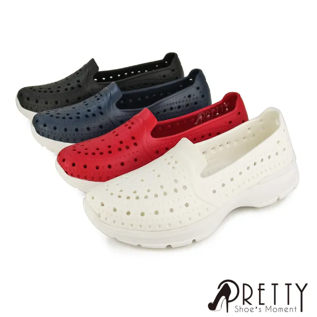 【Pretty】台灣製女款套入式輕量洞洞防水厚底休閒鞋/雨鞋(紅色、白色、黑色)