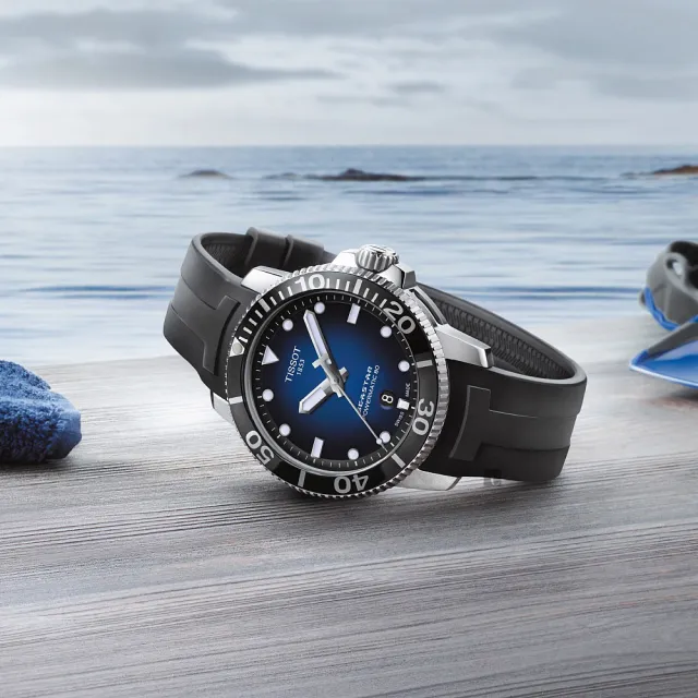 【TISSOT 天梭】水鬼 Seastar 1000 海洋之星300米潛水機械錶-藍x黑/43mm(T1204071704100)