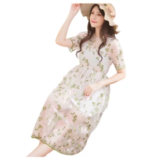 【lingling】連身細肩帶小可愛+網紗花卉刺繡短袖洋裝兩件式PA3727(氣質白)