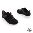 【A.S.O 阿瘦集團】機能休閒 活力雙核心牛皮網布綁帶休閒鞋(黑色)