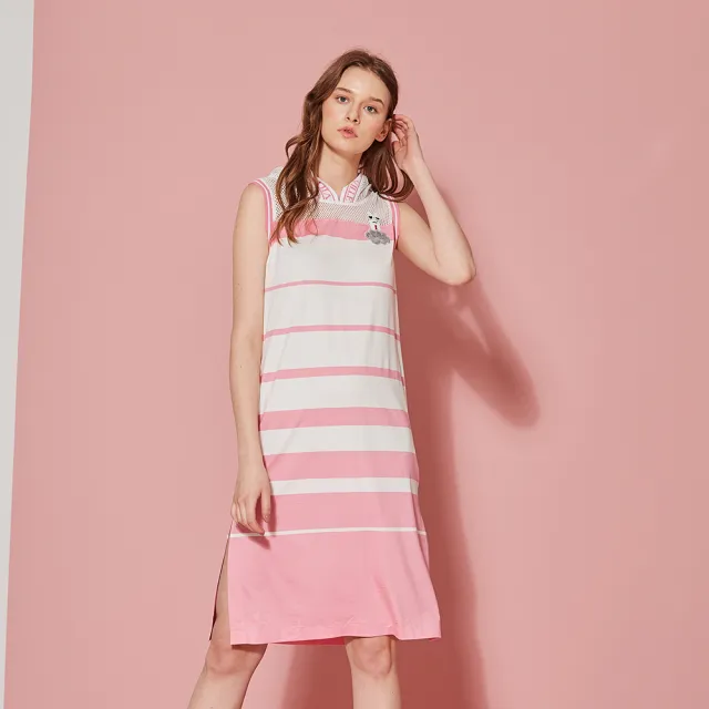 【ICHE 衣哲】輕時尚連帽拼接針織條紋印花洋裝-櫻花粉