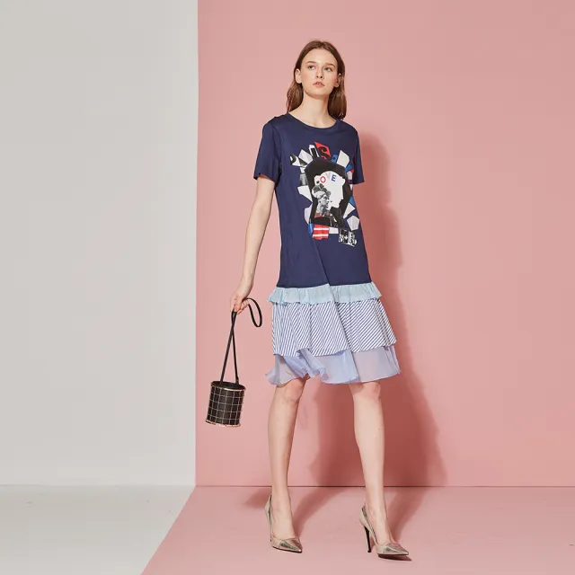 【ICHE 衣哲】時尚印花假兩件拼接疊層造型洋裝-藏藍