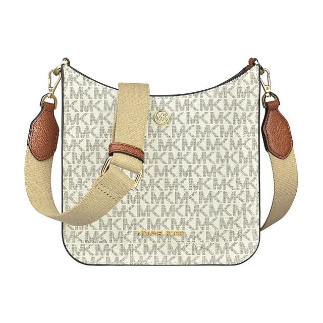 【Michael Kors】MK MICHAEL KORS BRILEY金字LOGO滿版印花造型磁釦式斜背郵差包(小/香草白)