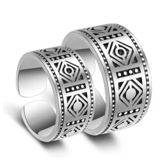 【I.Dear Jewelry】老九門-佛爺菱形復古圖騰情侶開口鍍銀戒指(單個入)