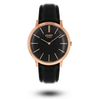 【HENRY LONDON】英國品牌 玫瑰金黑面黑色皮帶手錶 男錶 女錶(HL40-S-0248)