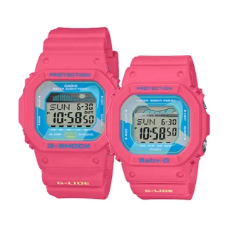 【CASIO 卡西歐】復古衝浪情侶電子對錶 橡膠錶帶 桃紅 潮汐圖 防水200米(GLX-5600VH-4+BLX-560VH-4)