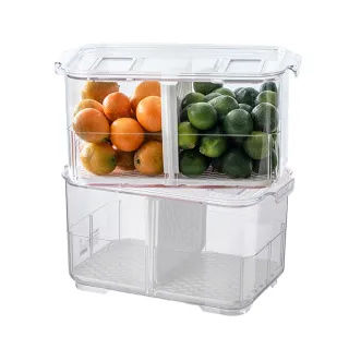 【YOUFONE】廚房冰箱透明蔬果可分隔式收納瀝水保鮮盒兩件組-M(23.3x14.7x12.2)
