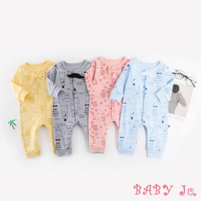 【BABY Ju 寶貝啾】日系紳士小熊印花長袖連身衣(現+預  粉色 / 黃色 / 藍色 / 灰色)