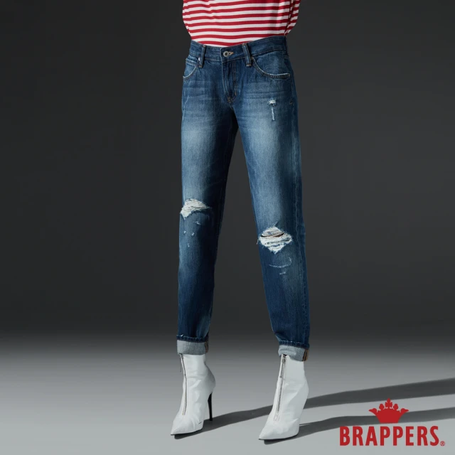 【BRAPPERS】女款 Boy friend系列-中低腰直向彈性膝蓋割破八分褲(藍)
