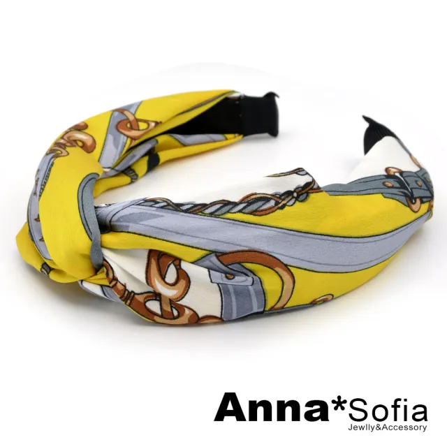 【AnnaSofia】韓式寬髮箍髮飾-緞面鎖鏈圖騰 現貨(黃灰系)