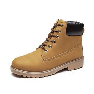 【E&B】特殊設計撞色6孔低跟短筒工裝馬丁靴(卡其)