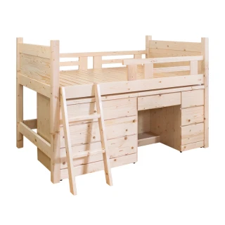【柏蒂家居】雅羅3.5尺單人多功能松木高層床架三件組(床架+斗櫃+書桌)