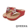 【QUEENA】時尚波希米亞貝殼串珠飾面人字厚底坡跟拖鞋(紅)