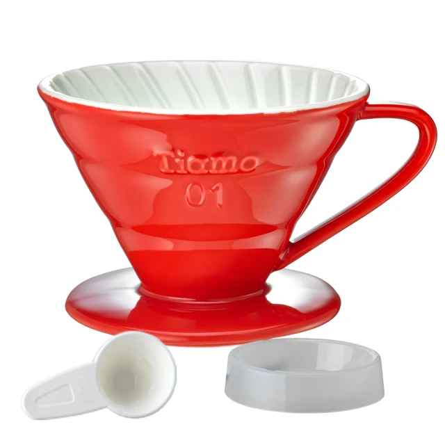 【Tiamo】V01 陶瓷雙色濾杯組附滴水盤量匙螺旋款-紅色(HG5543R)