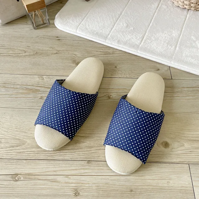 【iSlippers】台灣製造-療癒系-舒活草蓆室內拖鞋(深藍圓點)