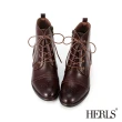 【HERLS】短靴-真皮橫飾雕花綁帶牛津靴短靴(深棕色)