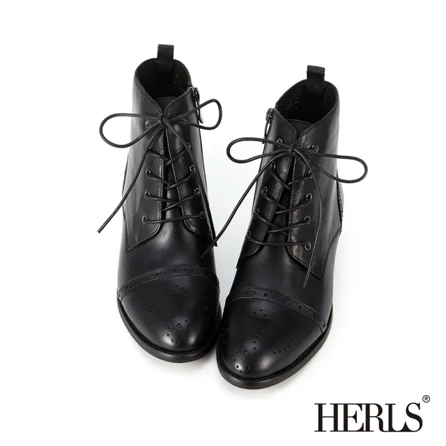 【HERLS】短靴-真皮橫飾雕花綁帶牛津靴短靴(黑色)