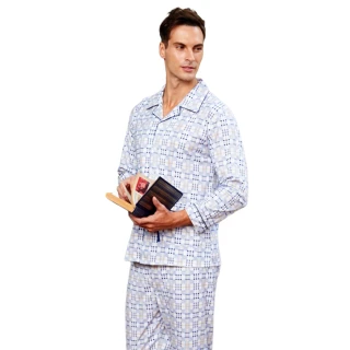 【蕾妮塔塔】針織棉男性長袖褲裝睡衣(R88220-6藍灰格紋)