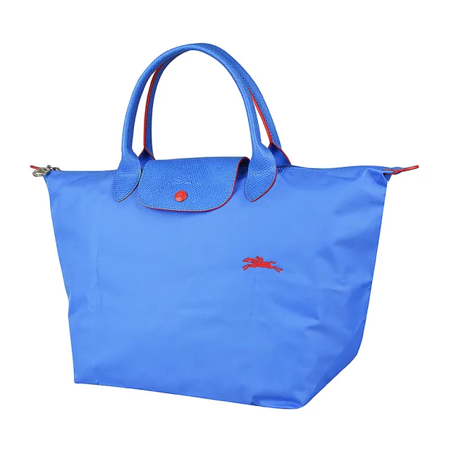 【LONGCHAMP】LONGCHAMP COLLECTION刺繡LOGO尼龍摺疊短把拉鍊手提包(藍紫x紅)