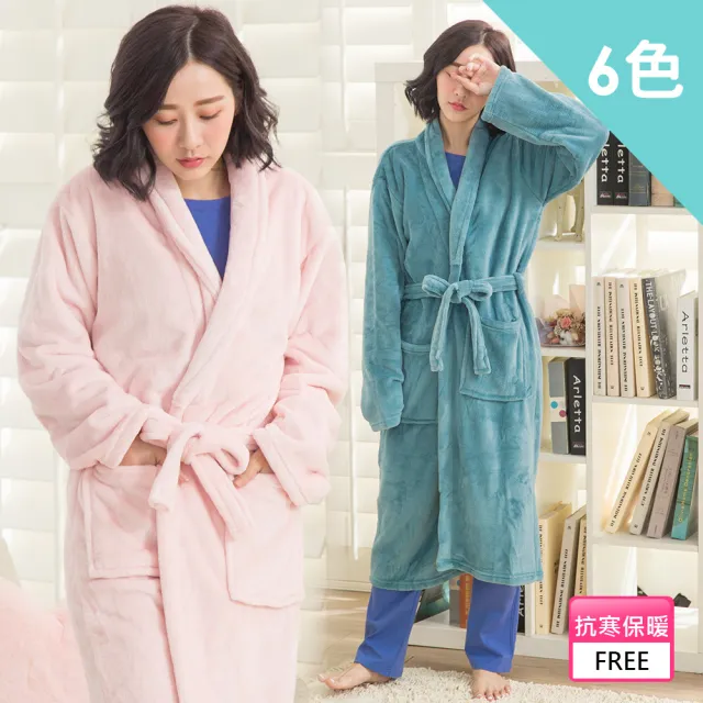 【Wonderland】優雅夜晚綁帶水貂絨法蘭絨睡袍(睡衣/女睡衣/連身睡衣/居家睡衣/長袖睡衣/睡衣裙/保暖睡衣)