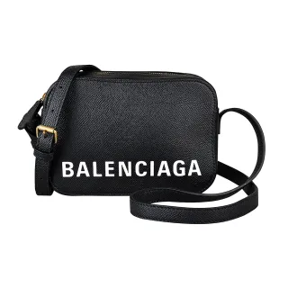 【Balenciaga 巴黎世家】BALENCIAGA巴黎世家VILLE印花白字LOGO牛皮拉鍊斜背相機包(小/黑)