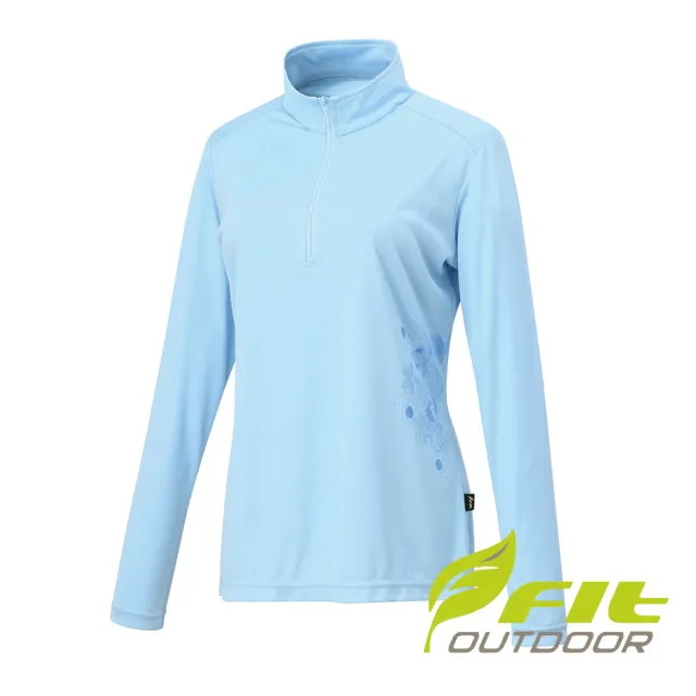 【Fit 維特】女-吸排立領長袖印花上衣-水藍 JS2101-52(透氣合身/長袖上衣/運動/休閒/戶外登山)