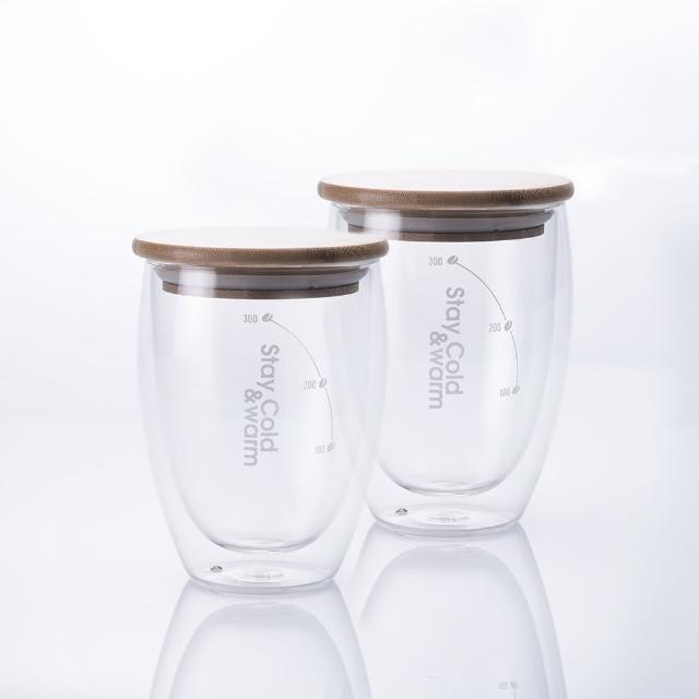 【CookPower 鍋寶】高硼硅晶透耐熱雙層玻璃杯雙杯組350ml(附贈竹製杯蓋)