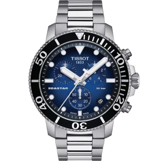 【TISSOT 天梭 官方授權】Seastar 1000海星水鬼300米潛水三眼計時錶-45.5mm/藍  禮物(T1204171104101)