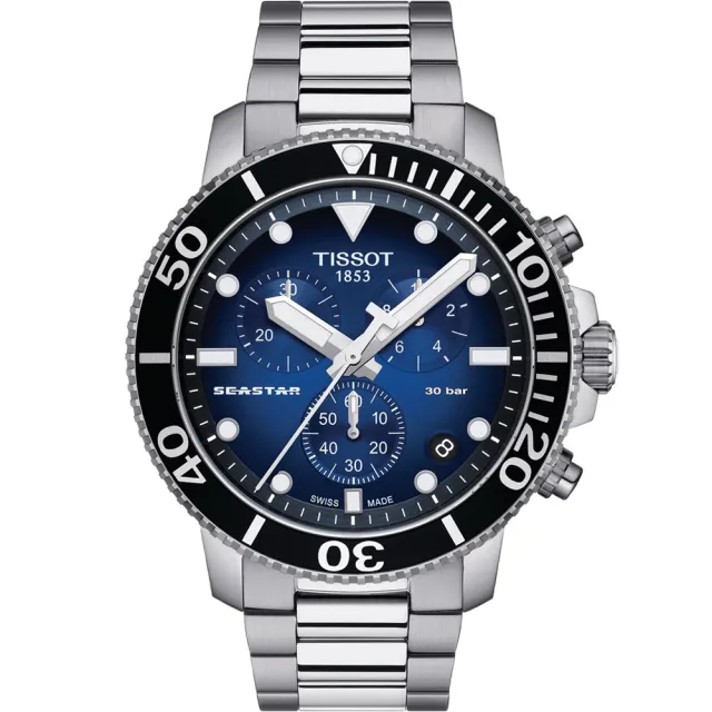 【TISSOT 天梭 官方授權】Seastar 1000海星300米潛水三眼計時錶-45.5mm 父親節 情人節(T1204171104101)