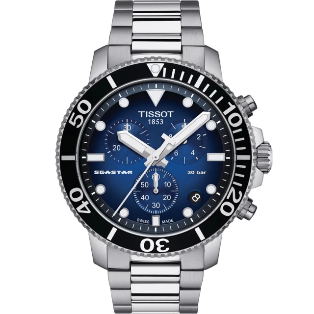 【TISSOT 天梭 官方授權】Seastar 1000海星水鬼300米潛水三眼計時錶-45.5mm/藍  禮物(T1204171104101)