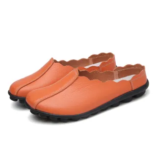 【LOVE FOOT 樂芙】真皮小圓頭時尚花邊鞋口包頭舒適軟底豆豆拖鞋(橘)