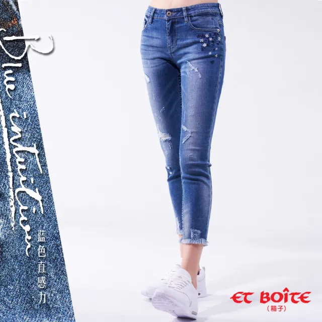 【BLUE WAY】女款 花卉刷破 八分 窄直褲 牛仔褲-ET BOITE箱子