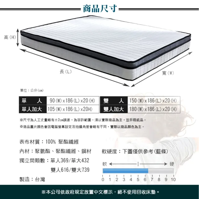 【藤原傢俬】3M吸濕排汗硬式獨立筒床墊(單人加大3.5尺3C)