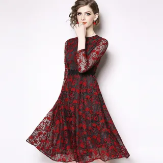 【a la mode 艾拉摩兒】紅楓葉點點蕾絲透膚長袖長洋裝(S-2XL)