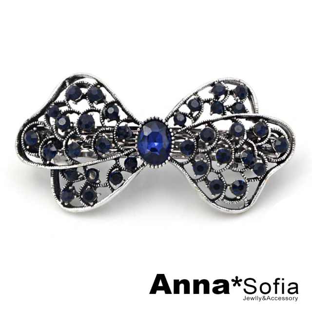 【AnnaSofia】髮夾髮飾彈簧夾邊夾-俏麗藍晶蝶結 現貨