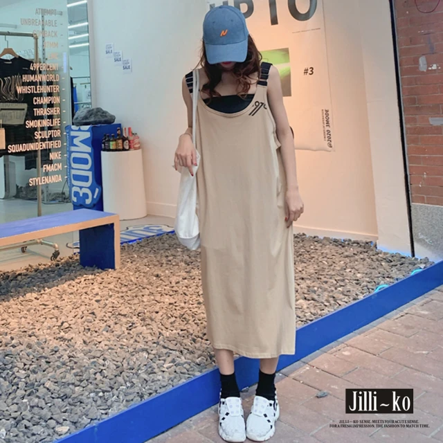 【JILLI-KO】日系質感簡約吊帶裙-肩帶可調-F(黑/杏)
