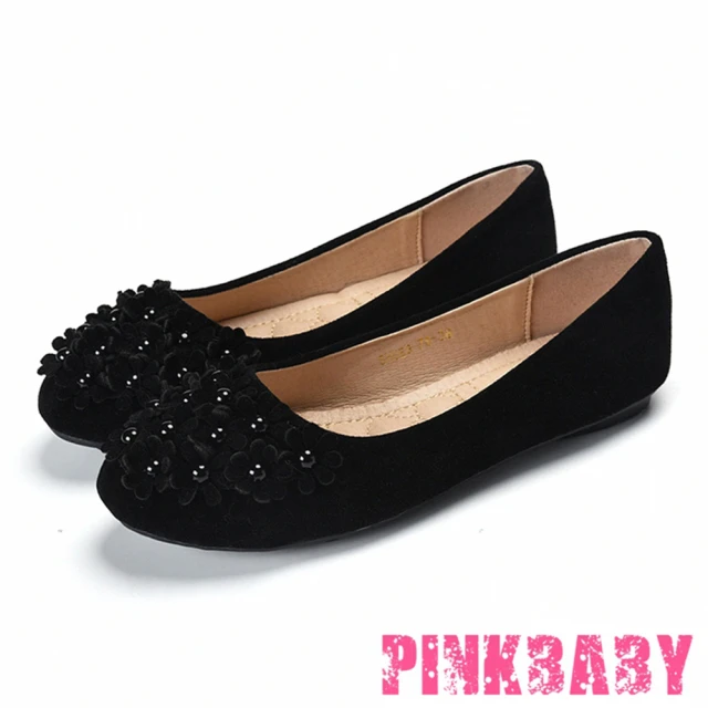【PINKBABY】可愛圓頭甜美小花造型舒適平底豆豆鞋(黑)