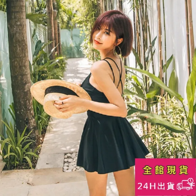 【AS 梨卡】泳衣 泳裝 連身 一件式鋼圈 裙式 黑色甜美顯瘦泳裝CR436