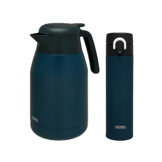 【THERMOS膳魔師】期間限定_不鏽鋼黛藍風韻按壓式保溫壺1500ml+輕量彈蓋保溫瓶400ml(THS-1501+JNI-401)