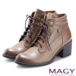 【MAGY】紐約時尚步調 復古造型綁帶真皮粗跟短靴(可可)
