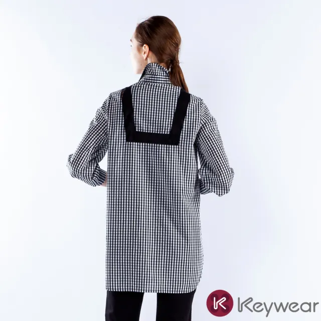 【KeyWear 奇威名品】黑色格紋拼接蕾絲長袖襯衫(共2色)