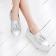 【G.Ms.】MIT系列-流蘇拼接雙色牛皮厚底休閒鞋(黑色/白色/銀色)