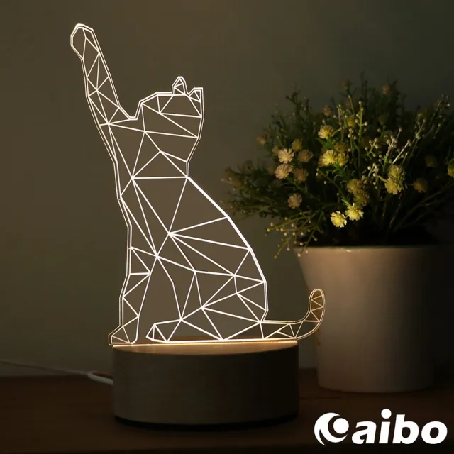 北歐風3D立體造型 LED原木底座USB小夜燈-貓咪(聖誕節/交換禮物)