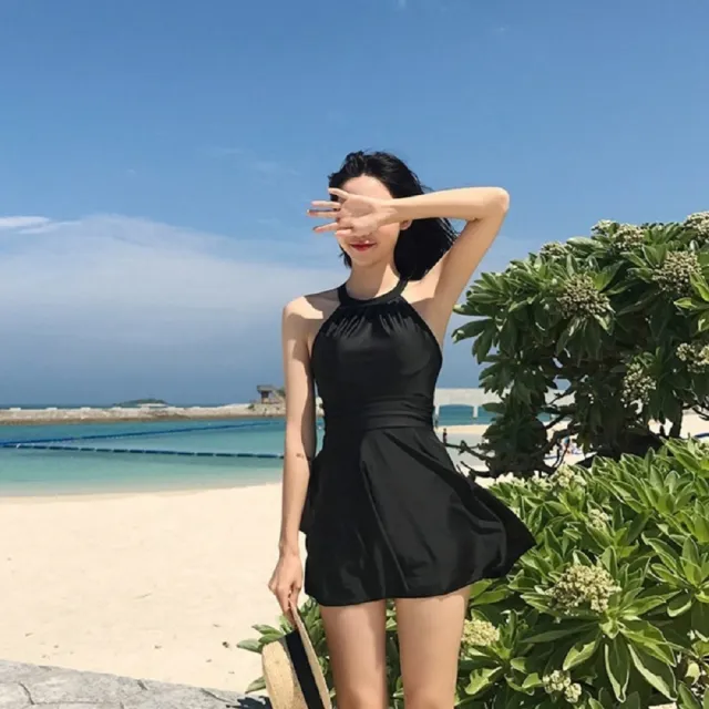 【AS 梨卡】泳衣 泳裝 連身 加大尺碼M-3XL顯瘦性感後交叉露背裙襬連身泳衣CR456