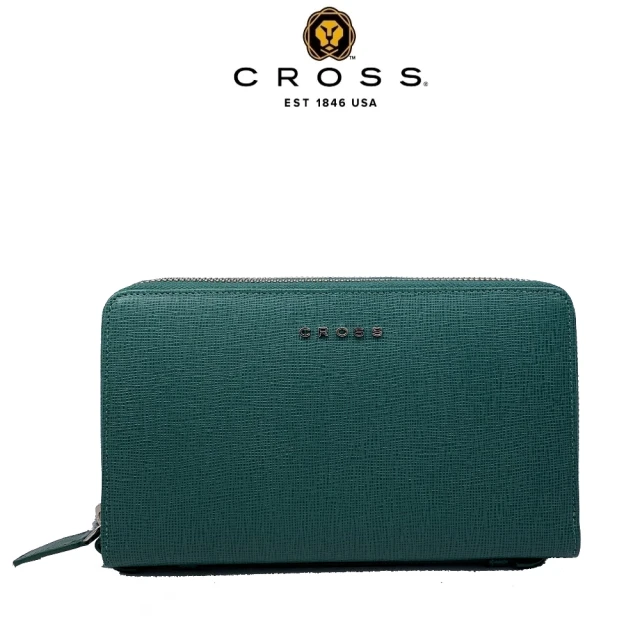 【CROSS】限量2折 頂級NAPPA小牛皮十字紋雙拉鍊手拿包 附頂級高貴送禮提袋(綠色 全新專櫃展示品)