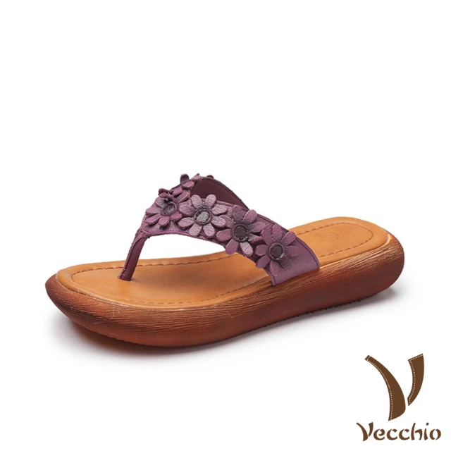 【Vecchio】真皮頭層牛皮可愛小花朵厚底人字拖鞋(紫)