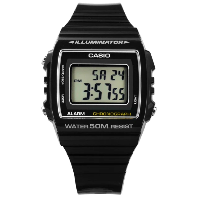 【CASIO 卡西歐】計時碼錶 LED照明 鬧鈴 電子數位 橡膠手錶 黑色 38mm(W-215H-1A)