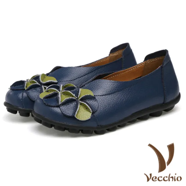 【Vecchio】立體撞色花朵手工真皮舒適休閒淑女豆豆鞋(藏青)