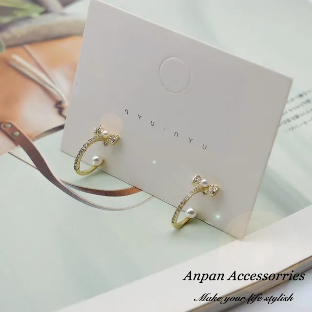 【Anpan】韓東大門925銀耳針式蝴蝶結環圈水鑽珍珠耳環