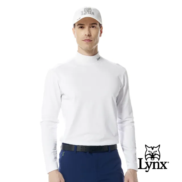 【Lynx Golf】男款合身版吸汗速乾刷毛內搭式領口兩袖Lynx繡花長袖高領上衣(二色)